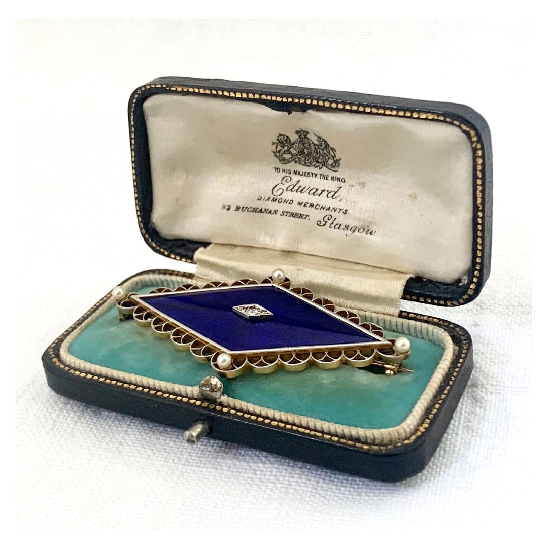 .585 14ct 1900s antique 3 diamond 4 pearl celestial star Art Nouveau Edwardian royal blue guilloché enamel, diamonds, pearl collectors item rare treasured brooch