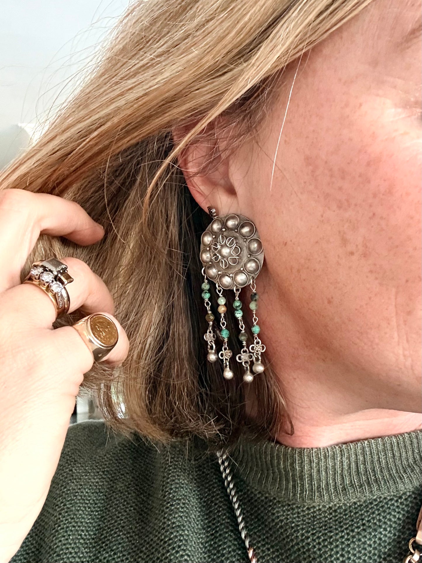 .925 HelenSilverSmit artisan made African Turquoise Tribal shield fringe dangle gemstone earrings