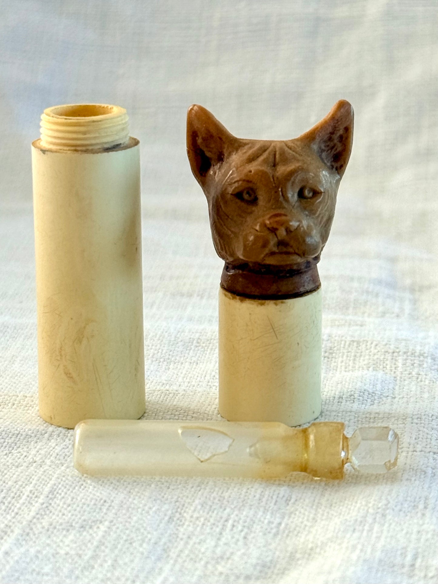 .1920s .1930s Art Deco rare hand carved French Bull Dog bakelite novelty perfume holder figural dog figurine case