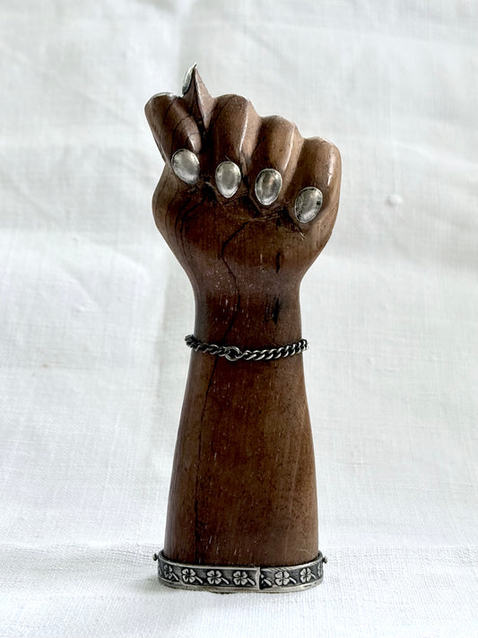 .1950s .900 Brazilian silver hand sculpted large artisan made wooden figa fist lucky token good luck talisman statue