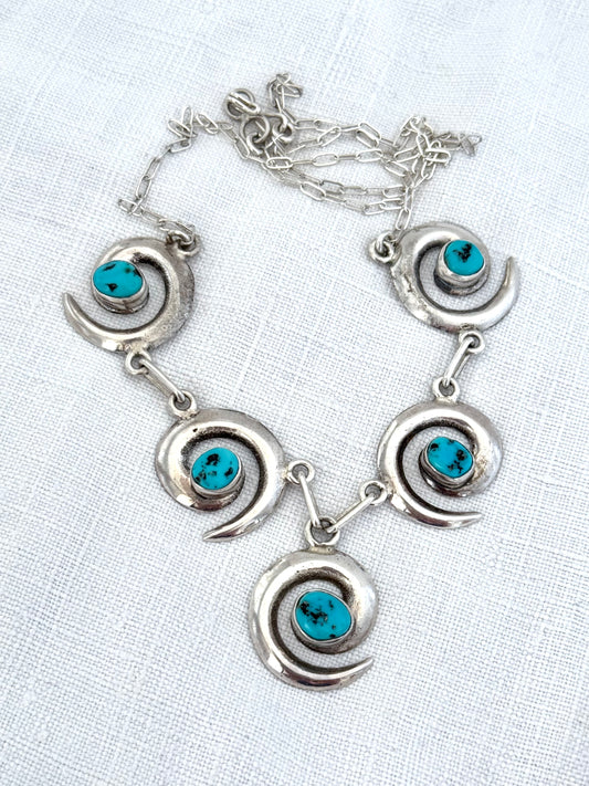 .1970s .925 artisan made Navajo silversmith turquoise silver swirl pattern necklace and designer Mildred Parkhurst earring set