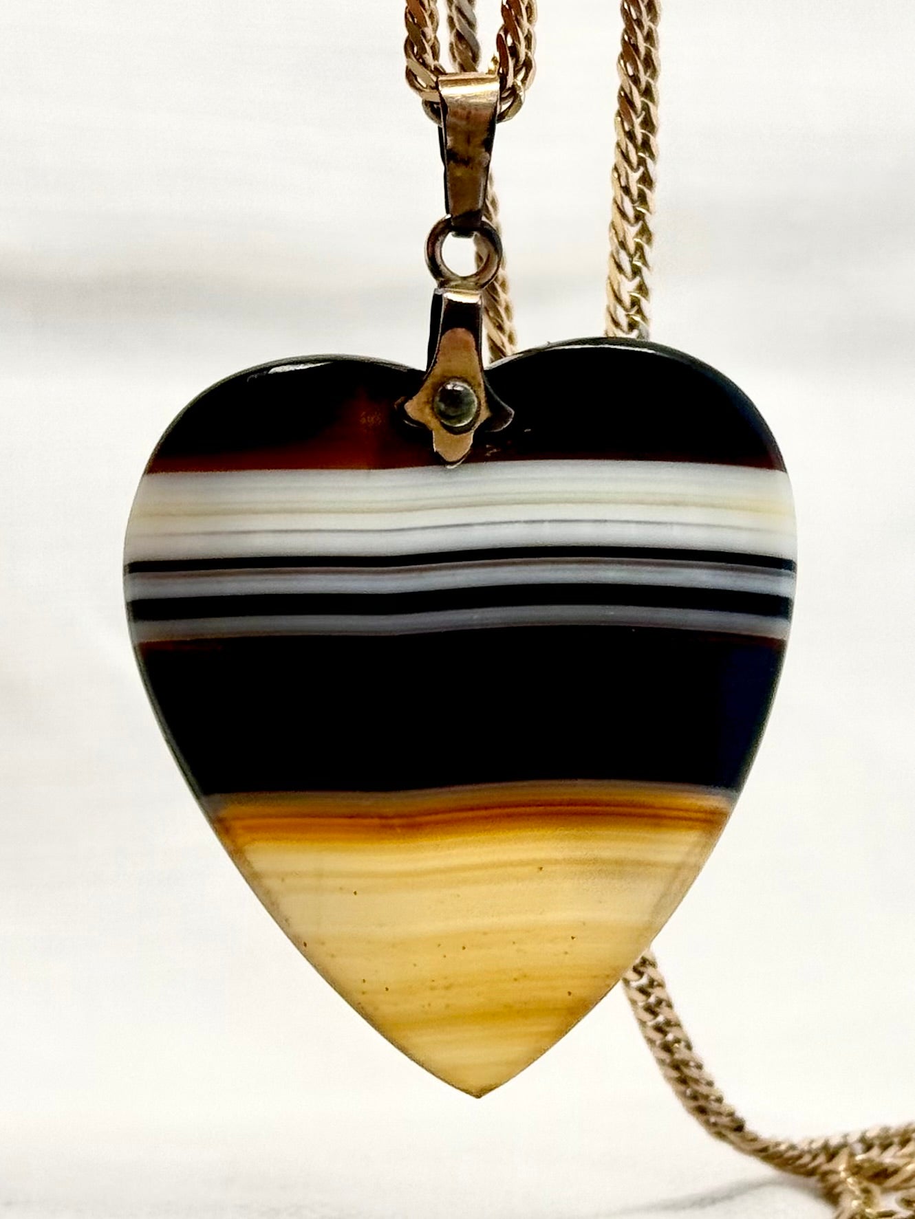 .1920s Art Deco banded agate oversized Victorian revival Irish made heart semi precious gemstone love token symbol pendant