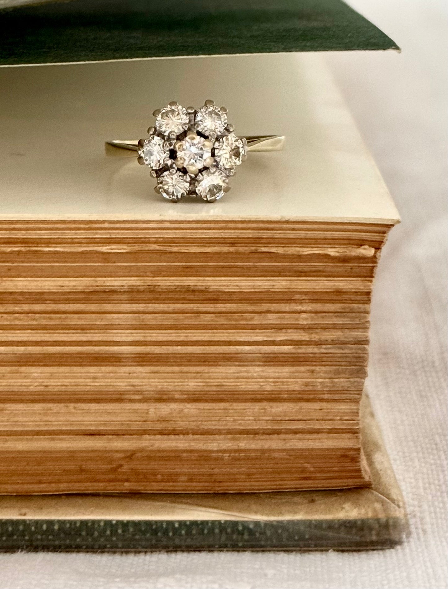 .18ct .1900s 1.00ct round brilliant antique floral cluster rosette high carat 750 yellow and white gold ring