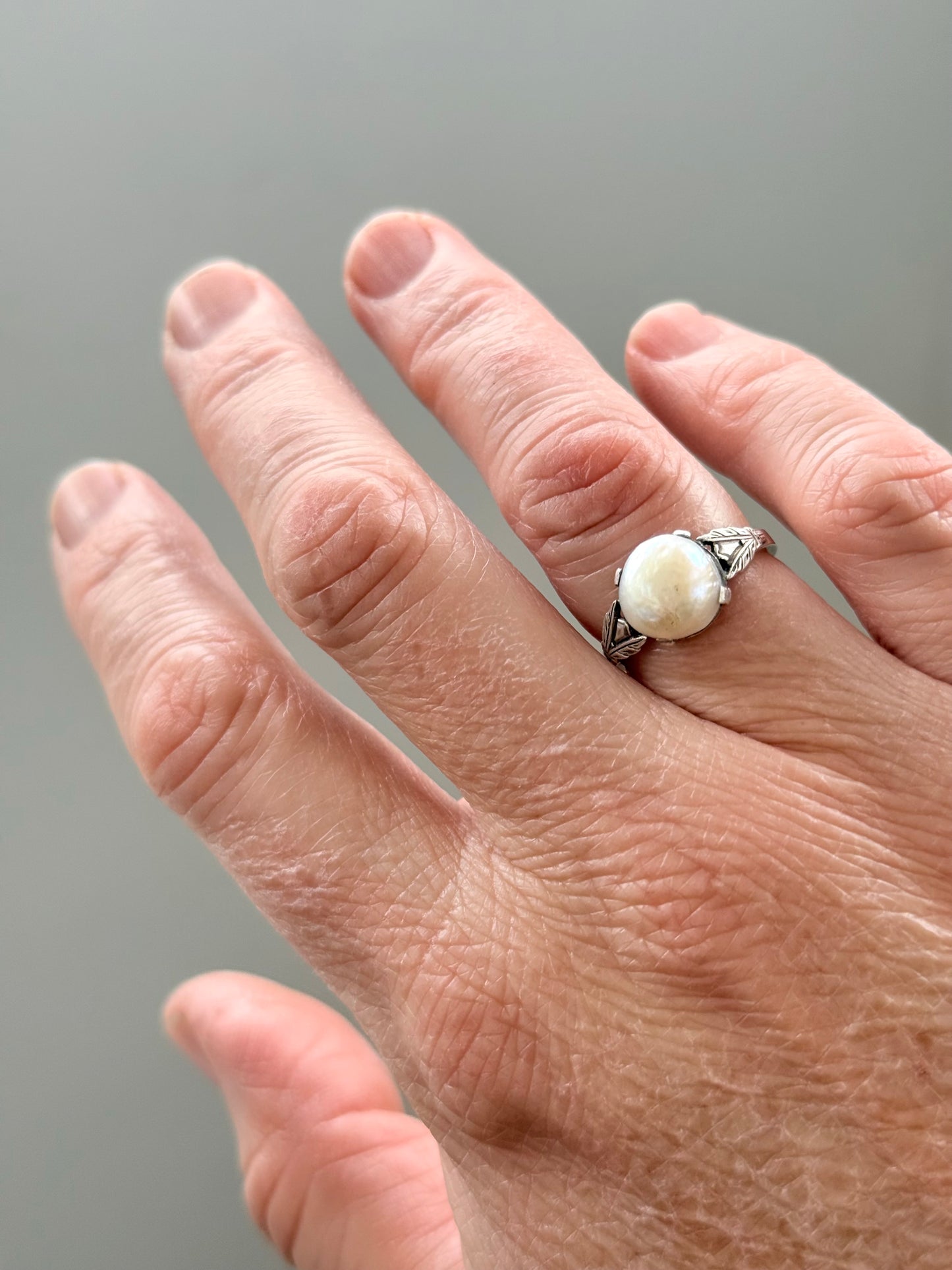 .1920s .1930s .925 Antique Art Deco cultured pearl Mabe pearl romantic pearl silver dress ring