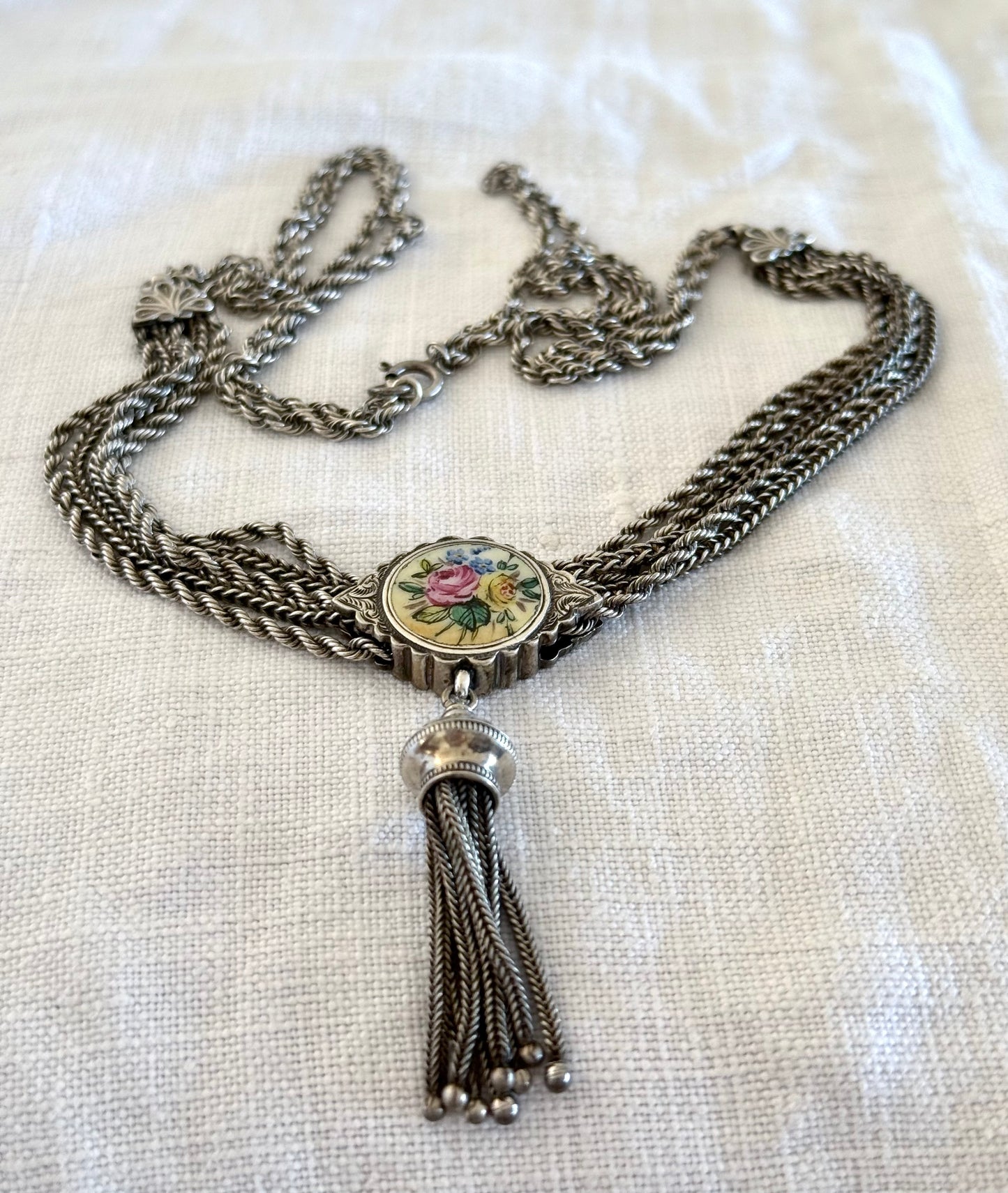 .1860s .1890s .925 antique Belle Epoque rare and fancy enamel slider Albertina multi chain necklace