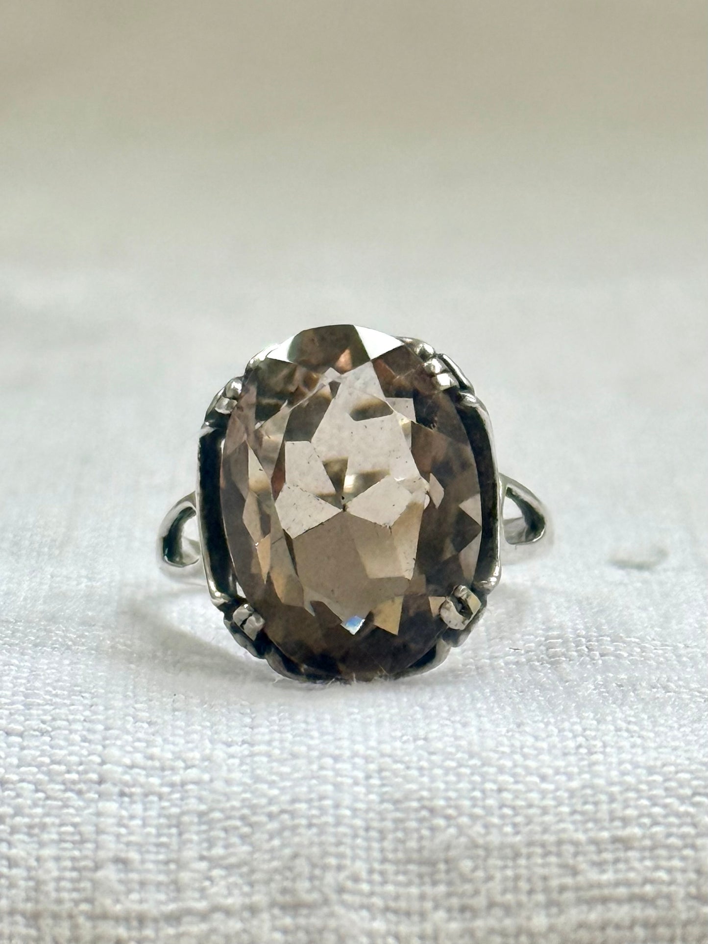 .1960s .925 magnificent large Smoky Quartz gemstone Mid Century Modern grey brown moody faceted gemstone retro Modernist sterling silver cocktail ring
