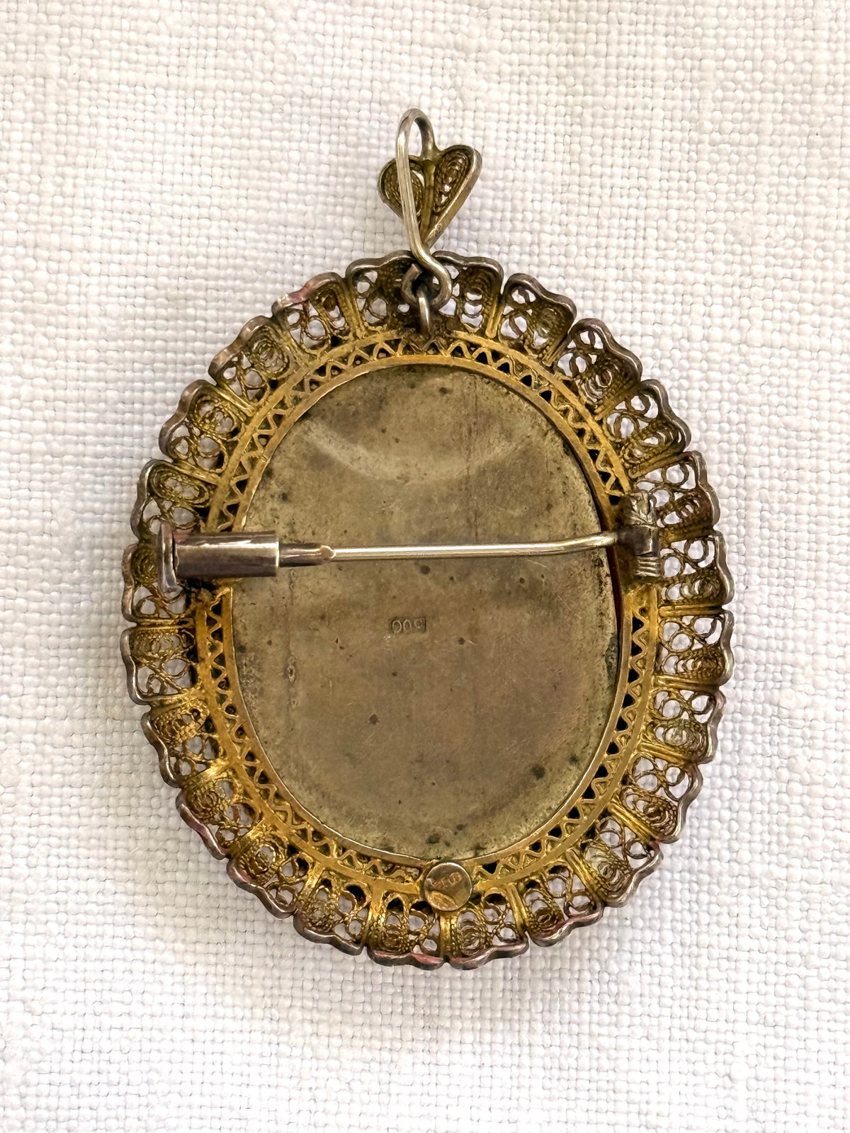 .1930s .1940s .800 Artist gold and silver incredible hand painted miniature Baroque revival portrait in fine silver filigree brooch and pendant