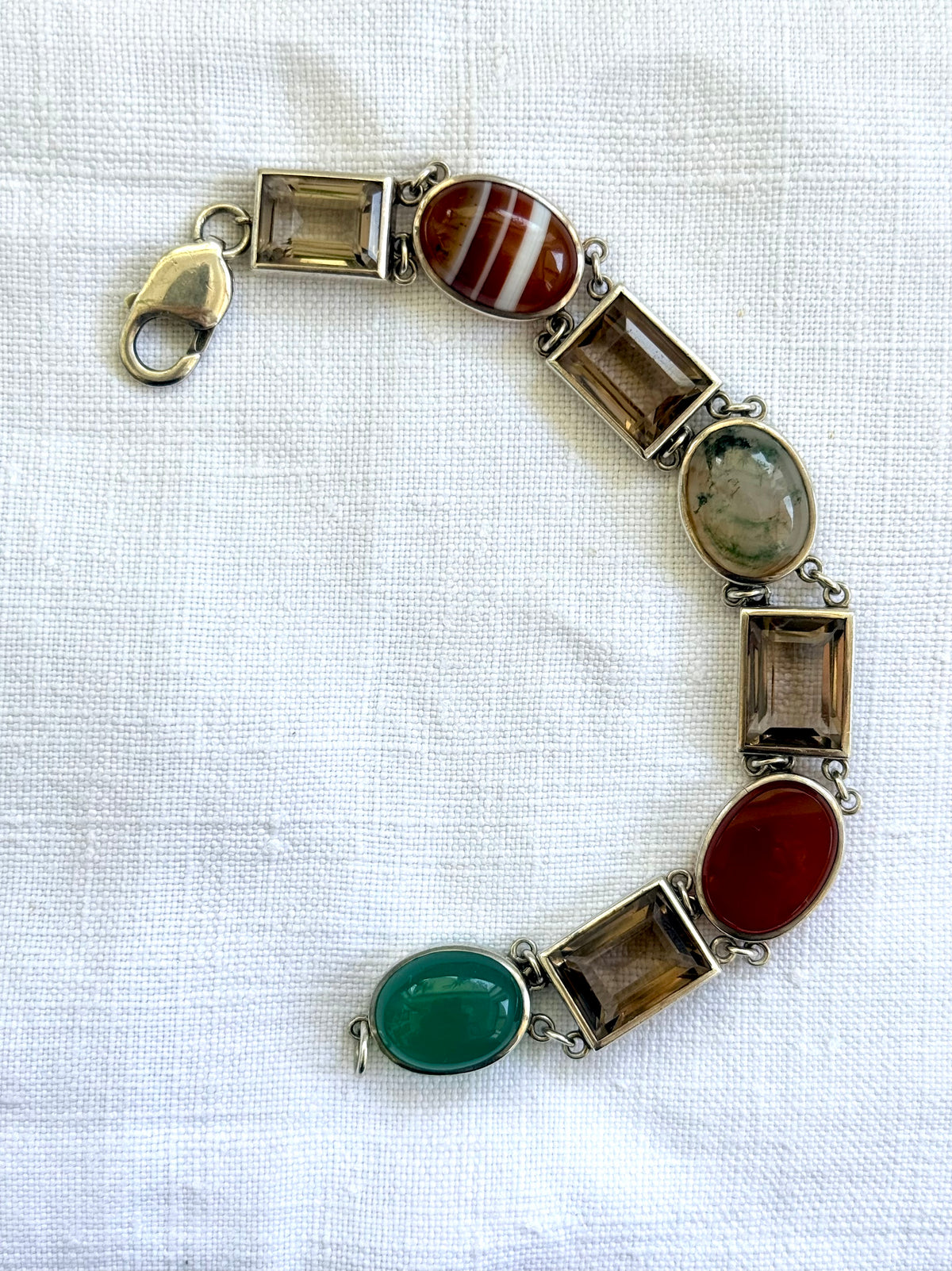 .1990s .2000s .8 stone .925 silver chunky statement artisan made Modernist gemstone links segment bracelet