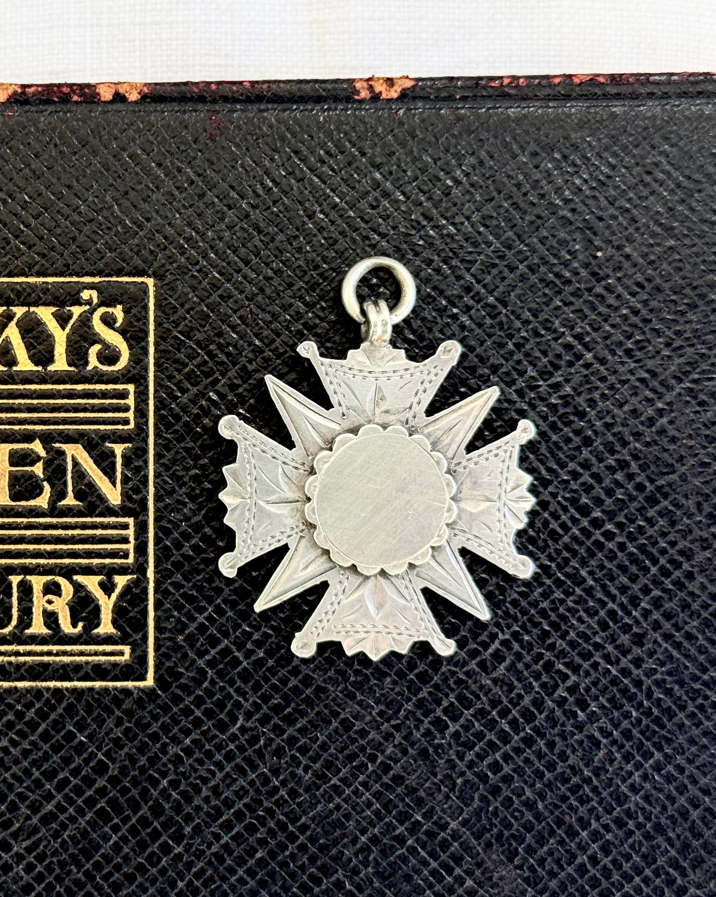 .1901 .925 antique Maltese Cross form Birmingham hallmarked English solid silver hand engraved fob medallion pendant