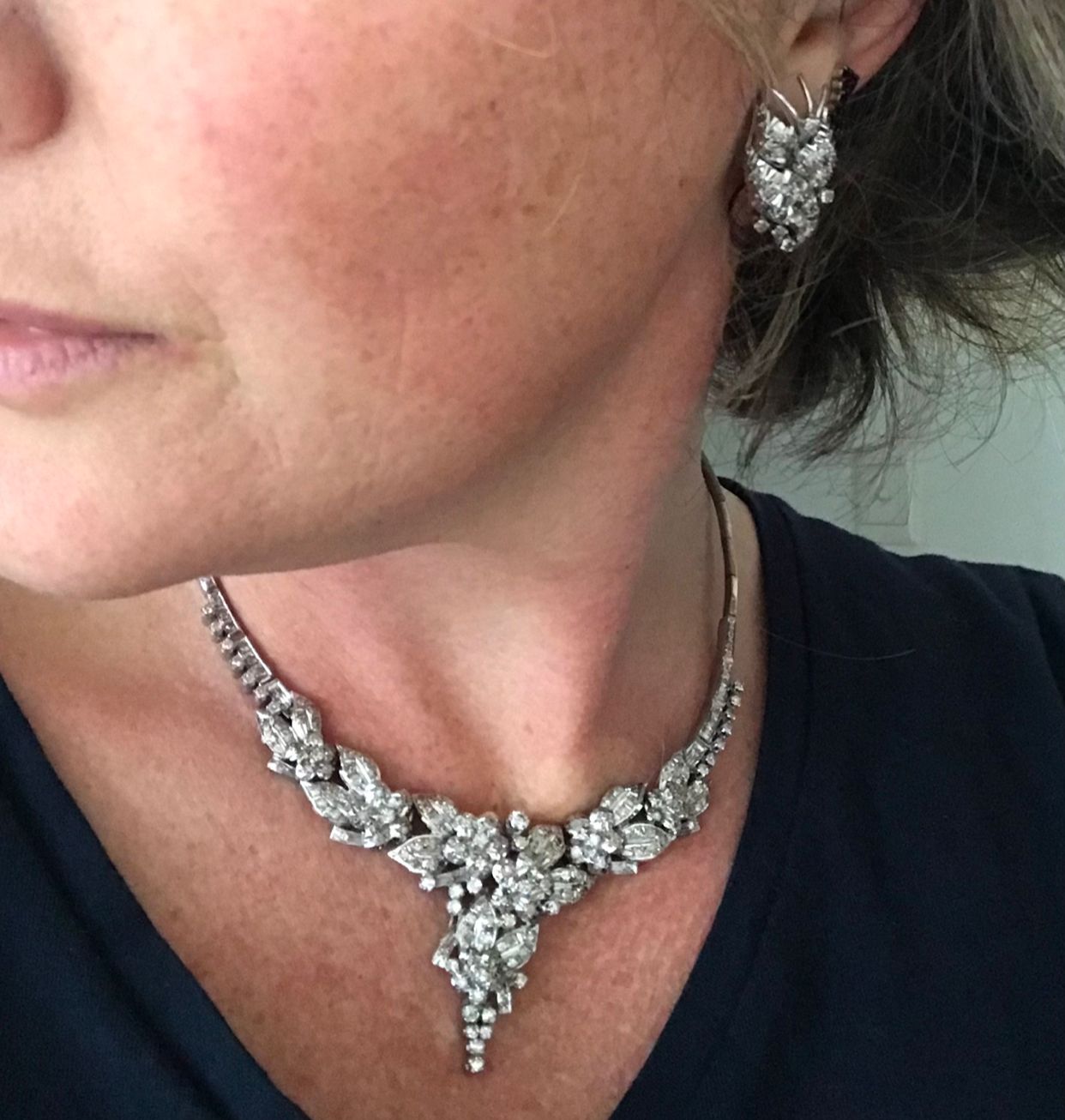 .165 diamonds .1920s 9 carat white gold diamond waterfall floral flower drop bib wedding bridal necklace