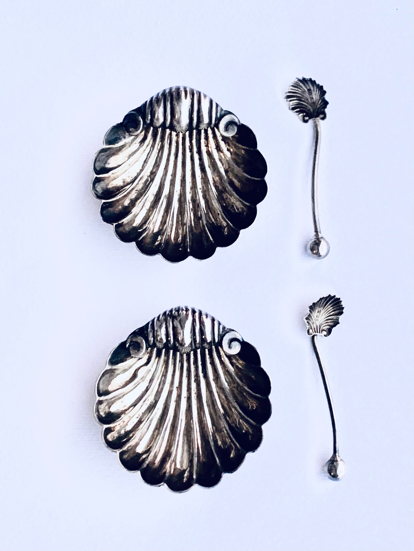 .1902 .925 Antique Clam Shell Cruet salt and pepper sterling silver set in Edwardian antique hallmarked sterling silver