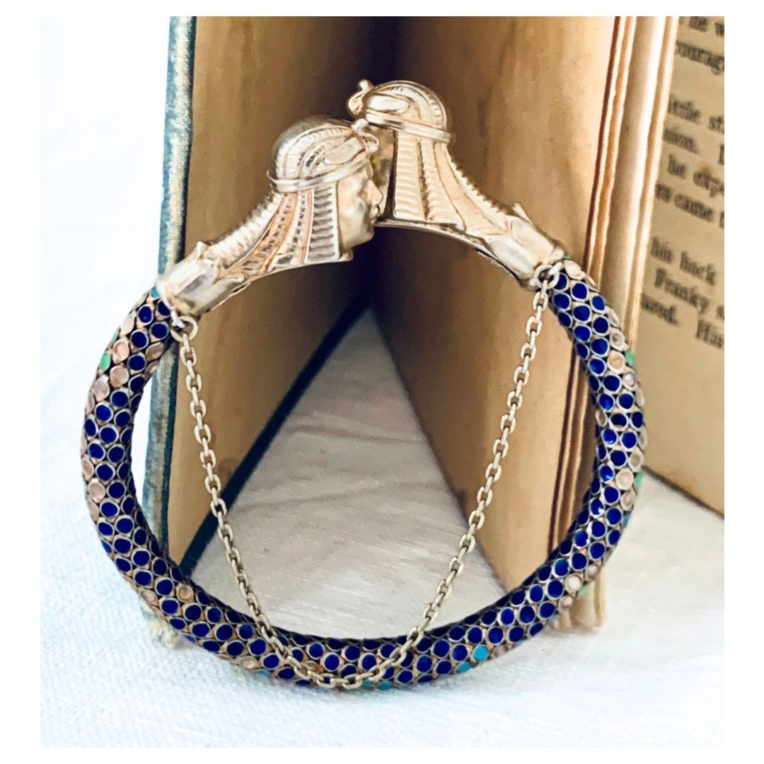 .1920s .935 Art Deco SALE rare find Egyptian revival French silver enamel articulated Pharaoh figural bangle