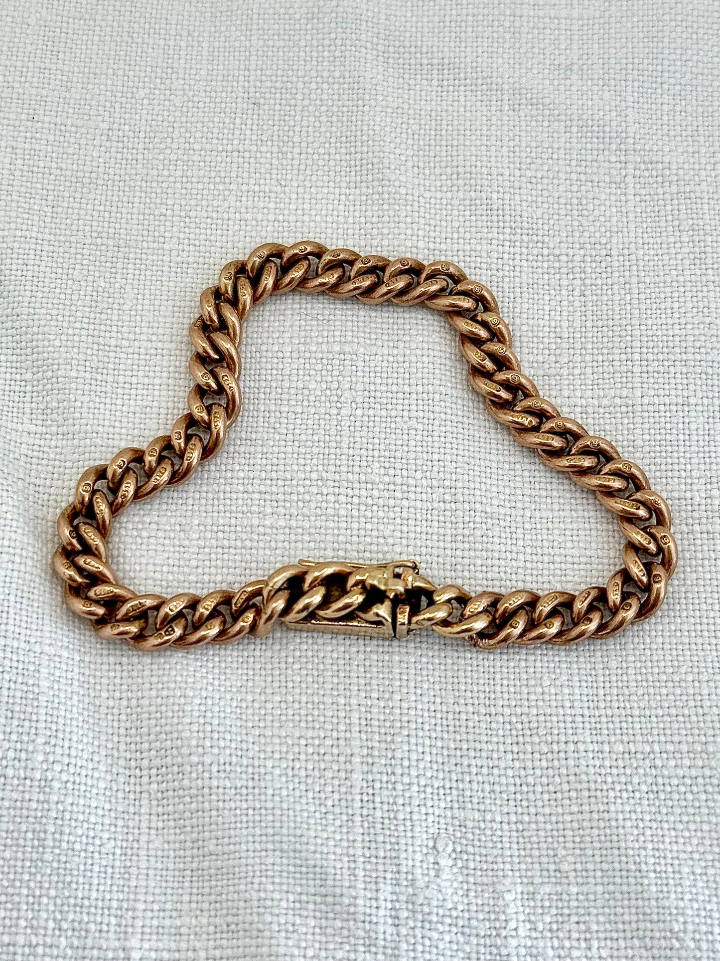 .1900s .375 9ct antique heirloom gold chunky solid weighted warm Rose Gold English 9ct gold hallmarked curb chain fob chain box clasp bracelet