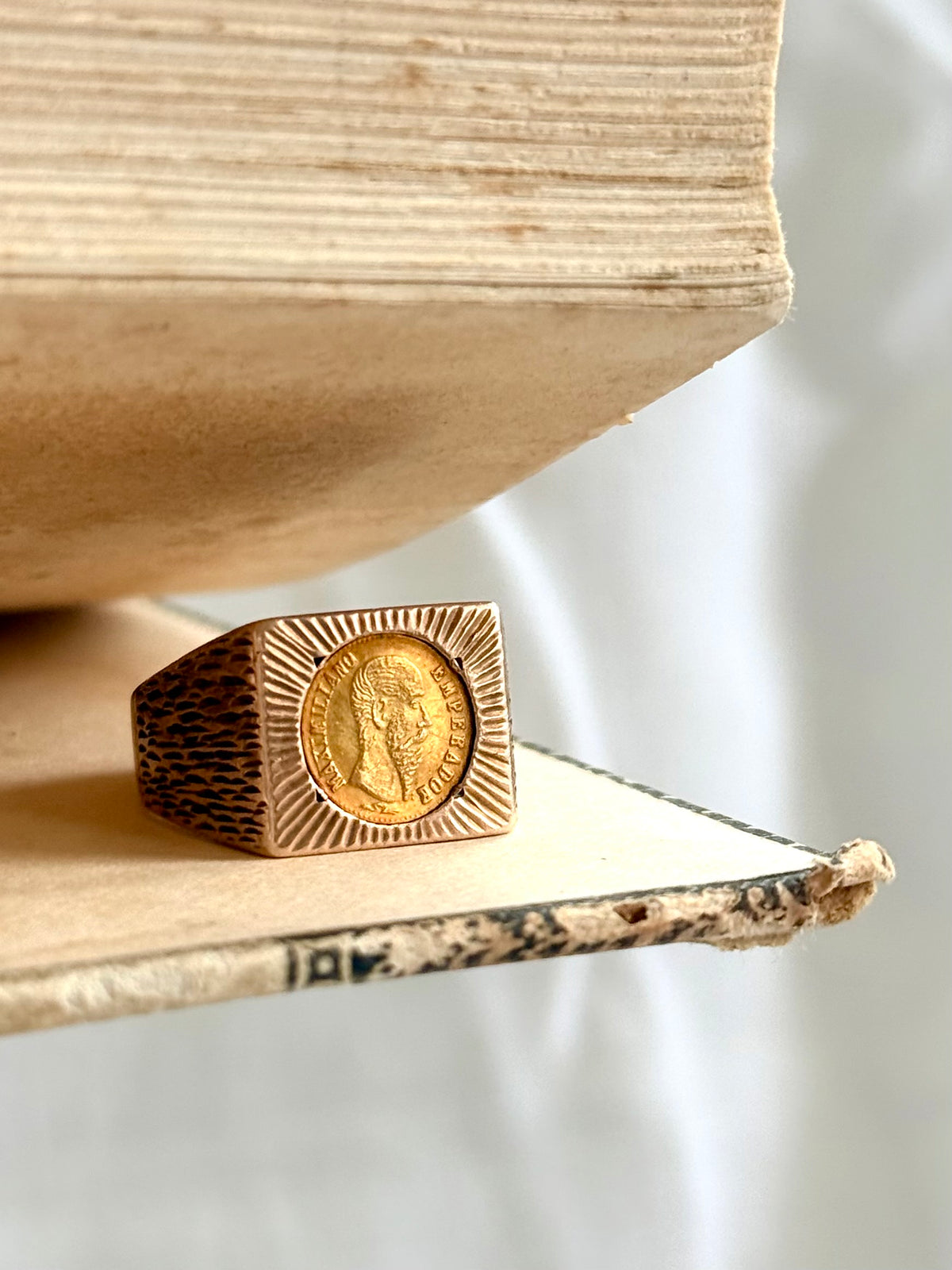 .1960s circa .1865 .375 .9ct gold modernist coin token ring with 22k Mexican circa 1865 high carat gold Emperor Maximiliano collectors coin token