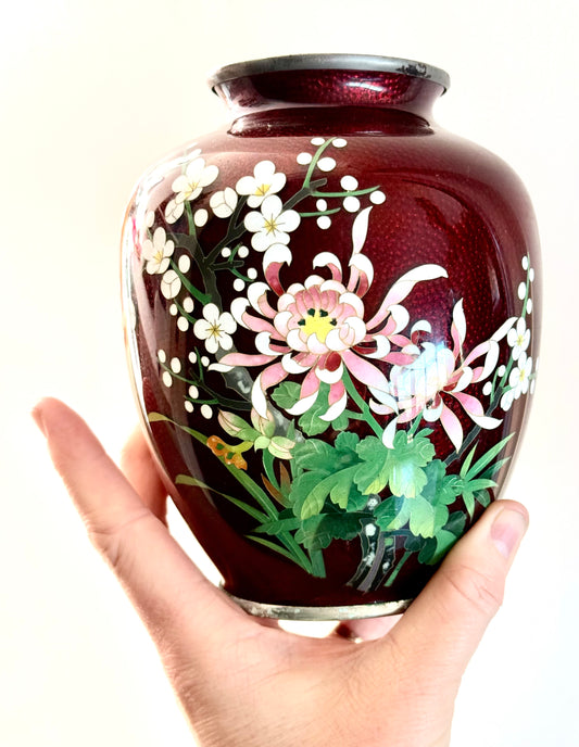.1900s .1960s authentic Oriental fine Japanese collectors Cloisonne Ginbari floral Pigeon Blood red Akusake Enamel Ginger vase large flower vase