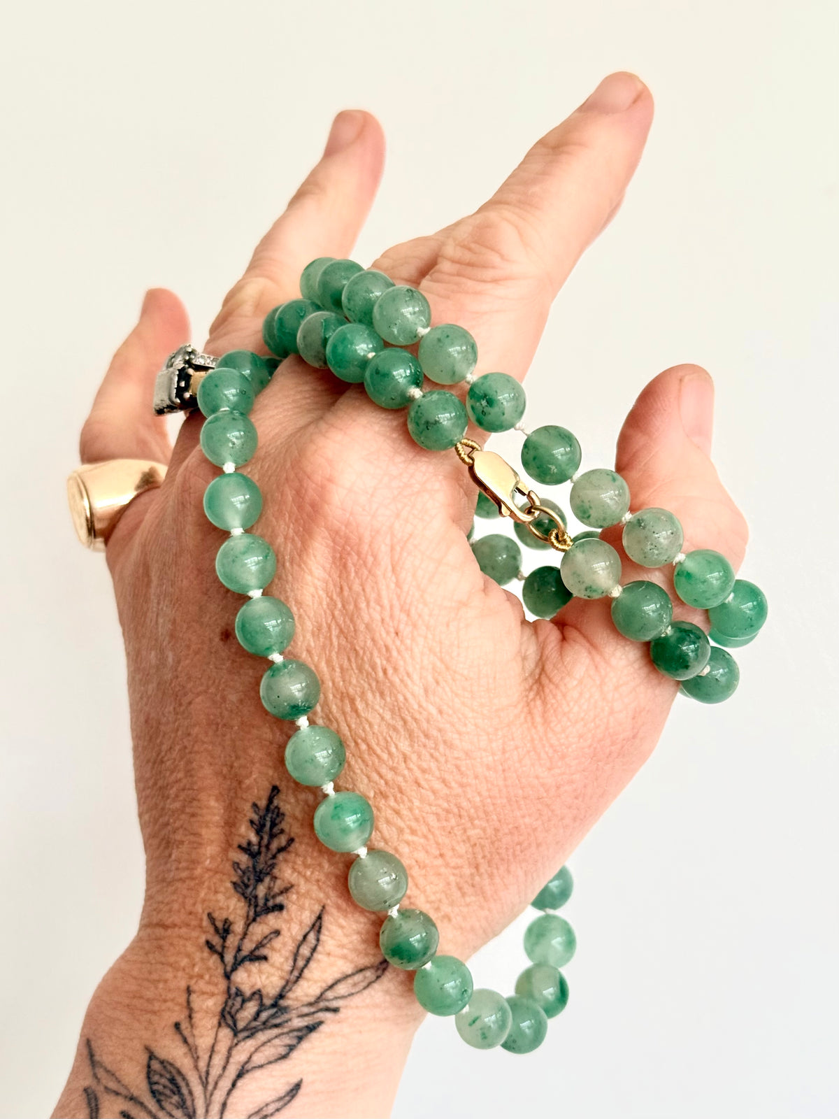 .375 .9ct gold and natural Aventurine “old Jade” long luxurious gemstone bead necklace