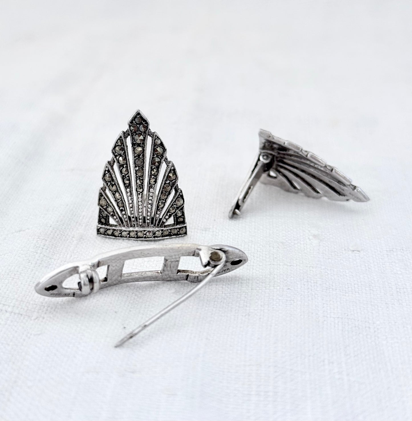 .1920s .1930s .925 antique Art Deco fine sterling silver Marcasite Duette double Dress clip Brooch Pin