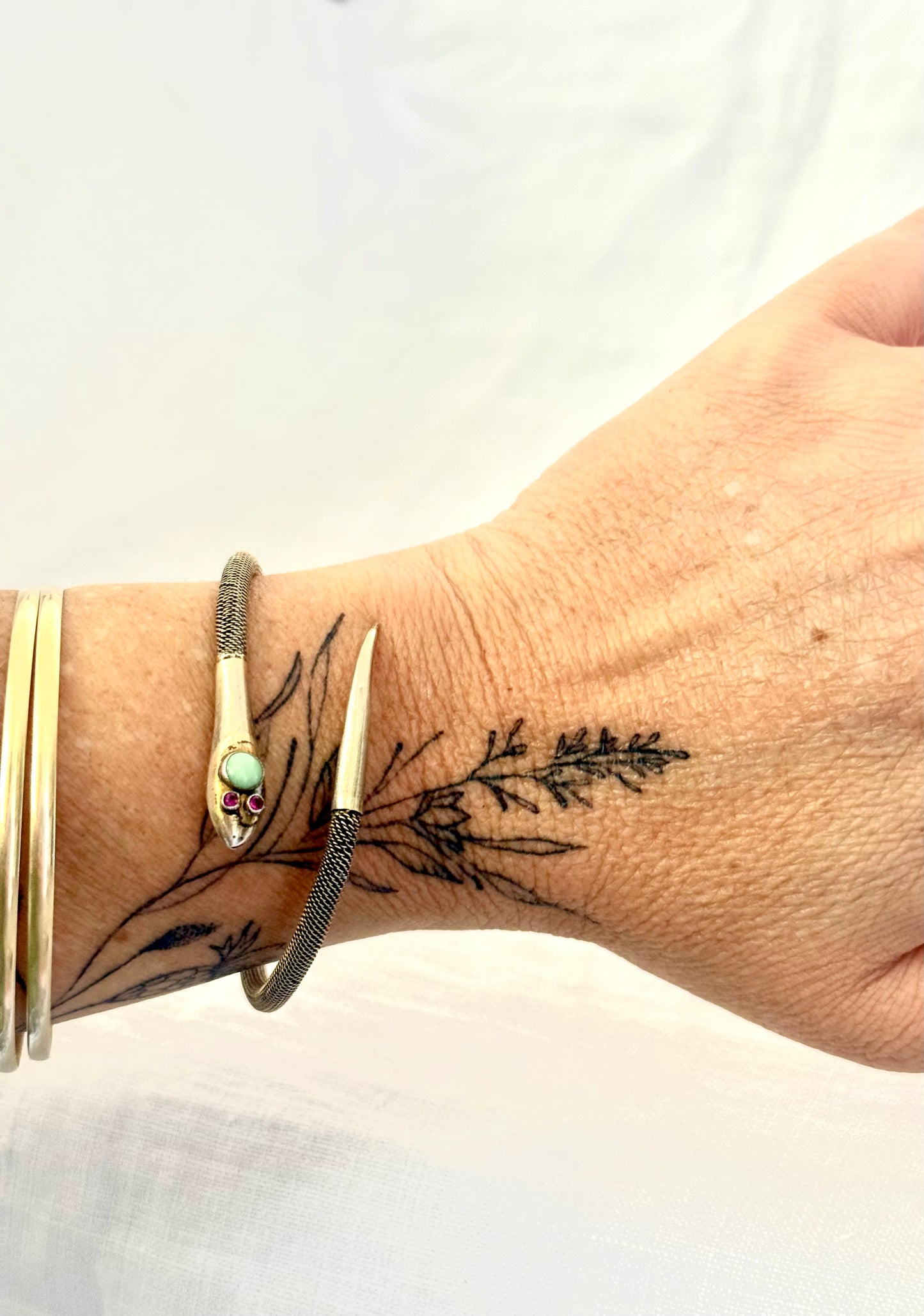 .1920s .1930s antique Victorian revival silver Snake Serpent and Chrysoprase Ruby gemstone head bangle