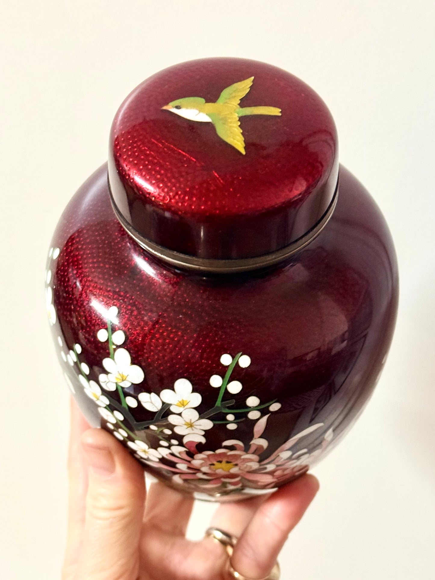 .1900s .1960s authentic Oriental fine Japanese collectors Cloisonne Ginbari floral Pigeon Blood red Akusake Enamel Ginger vase large flower vase