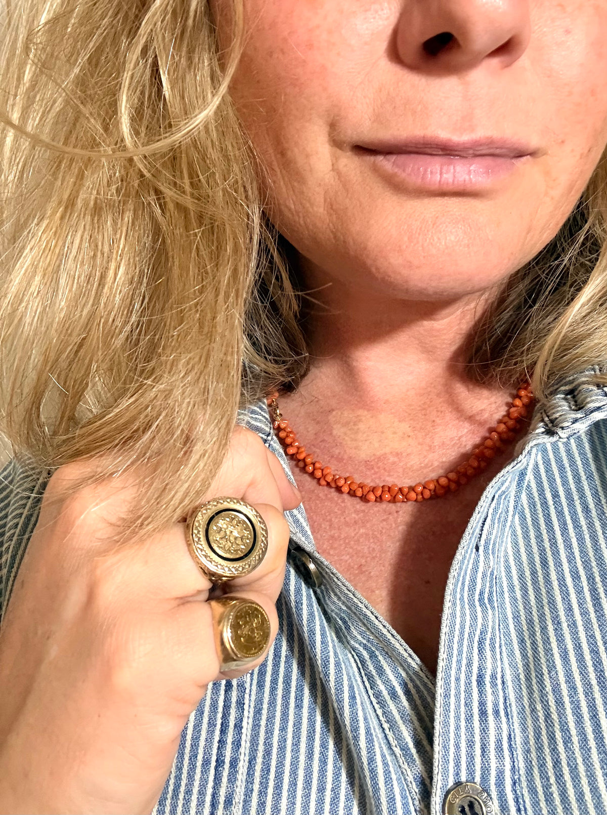 .1800s .1900s .375 .9ct gold Natural Salmon carved Coral dogbone bead Coral treasured heirloom necklace