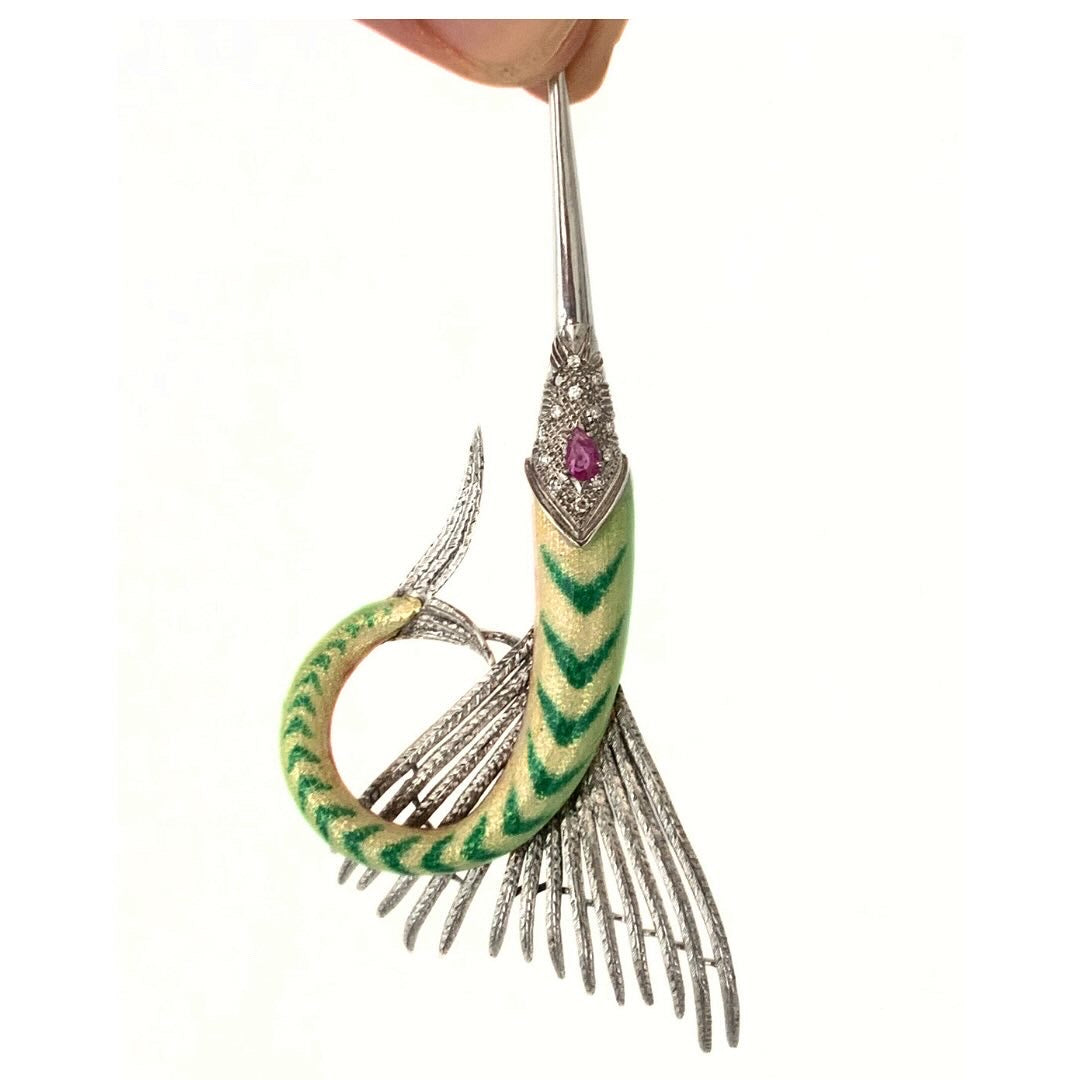 .1940s .18ct .750 high carat Swordfish Diamond, fine Enamel and Ruby Marlin Fish artisan made 750 18k gold dress brooch