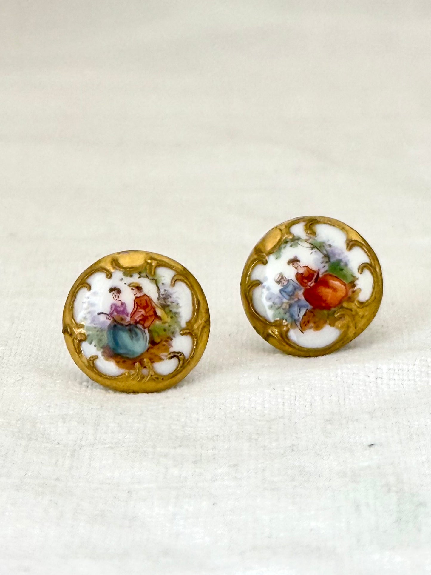 .1940s era Limoges hand painted romantic vintage porcelain button earrings