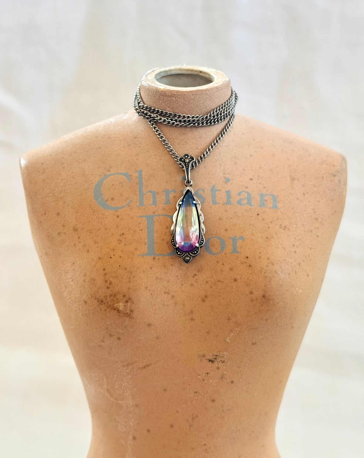 .1920s .1930s .830 silver Art Deco Iris Glass marcasite gemstone pendant on chain