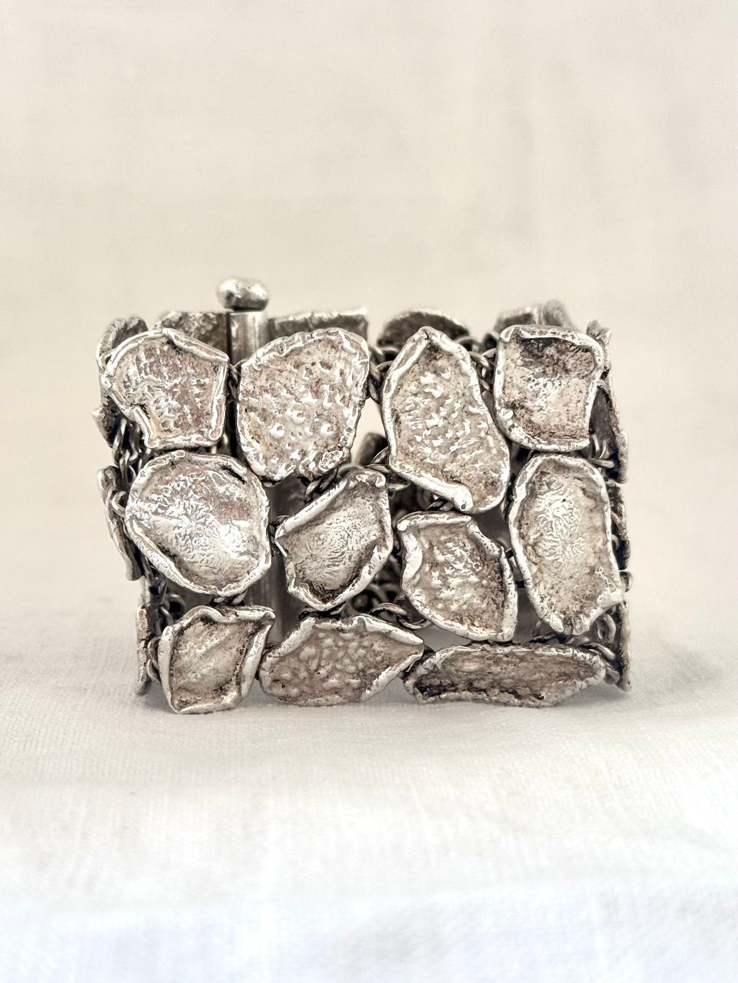 .1950s .925 Brutalist Modernist chunky silver hand made free form wide solid silver accent panel bracelet