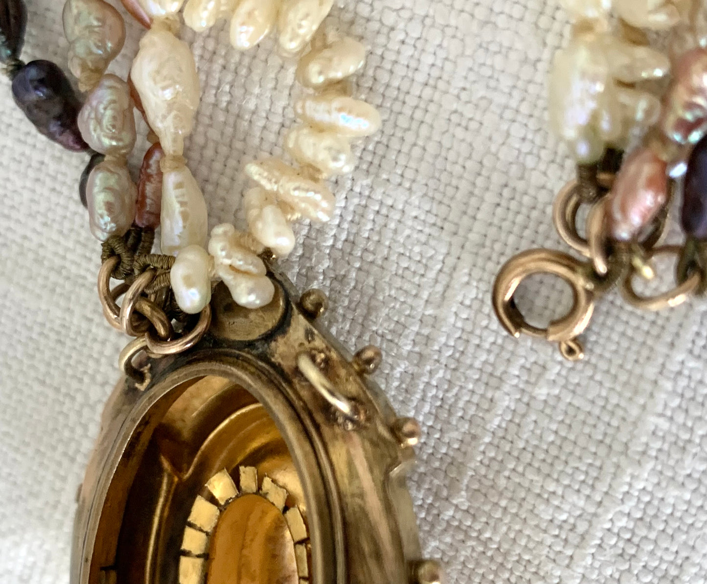 1800s 9ct gold Antique Etruscan revival Victorian yellow gold high detailed ornate oval pendant on dreamy shell coloured multi string 5 x string fresh water rice pearl necklace
