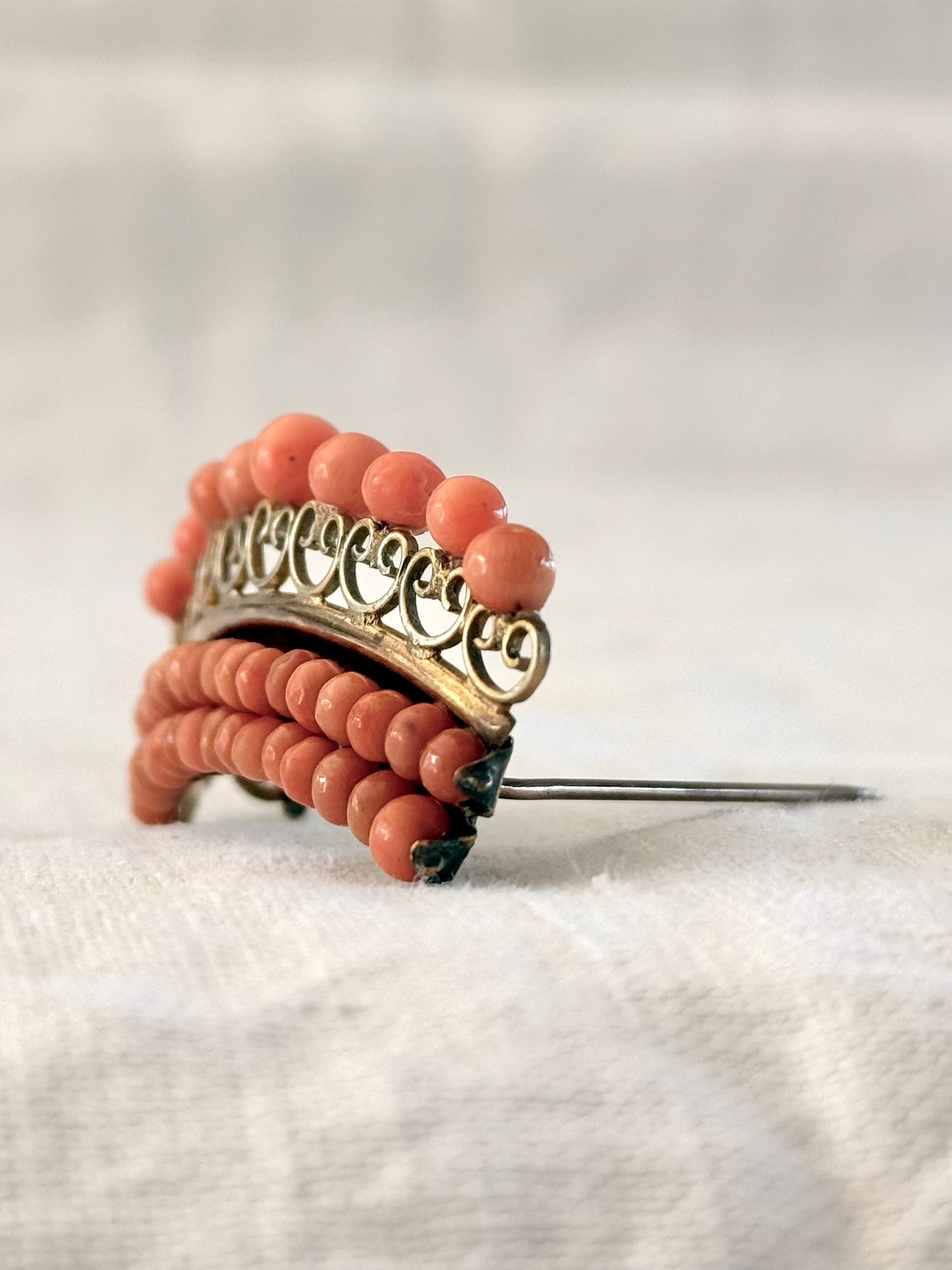 .1800s 19th century antique Salmon Coral Crown Tiara gold tone brooch pin