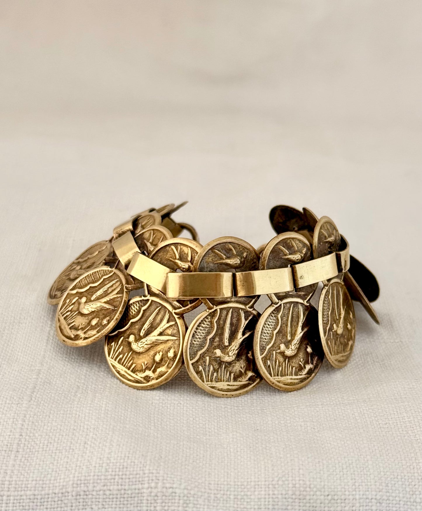 .1880s antique aesthetic movement book link Victorian Gold tone brass Swallow and Swift Sweetheart panel bracelet