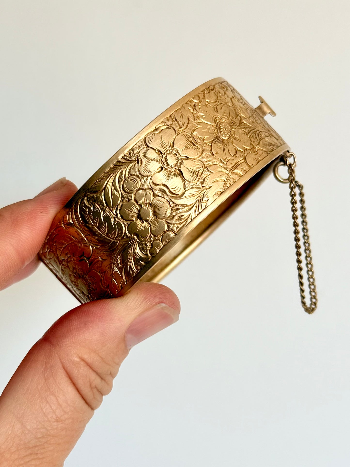 .1900s .1940s Victorian revival Dog Rose floral flower hand engraved gold plated brass romantic clasp bangle