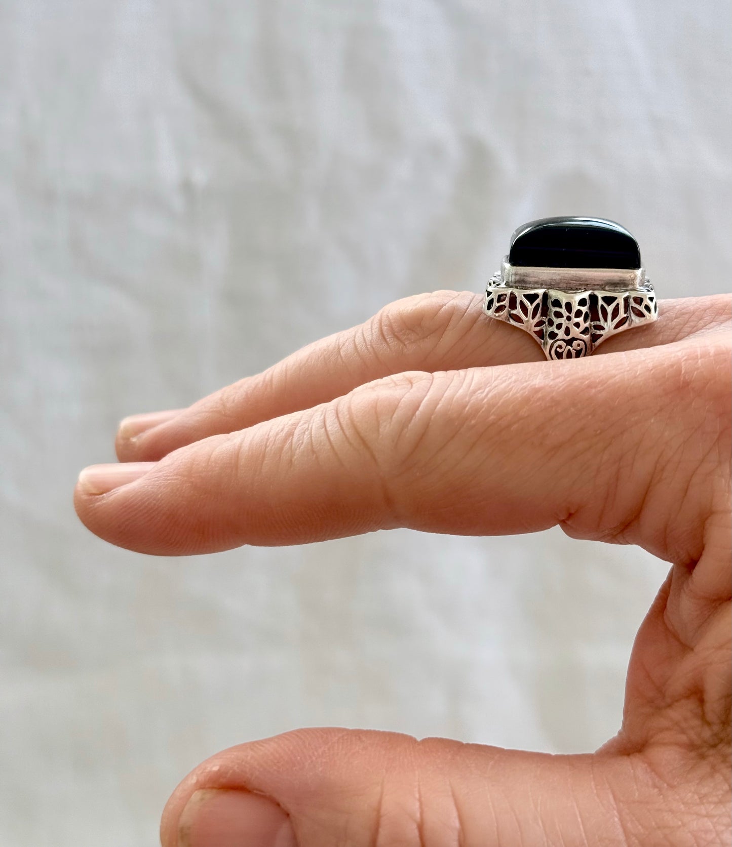 .925 artisan made large black Onyx cushion cut gemstone sterling silver lace cut statement dress cocktail ring