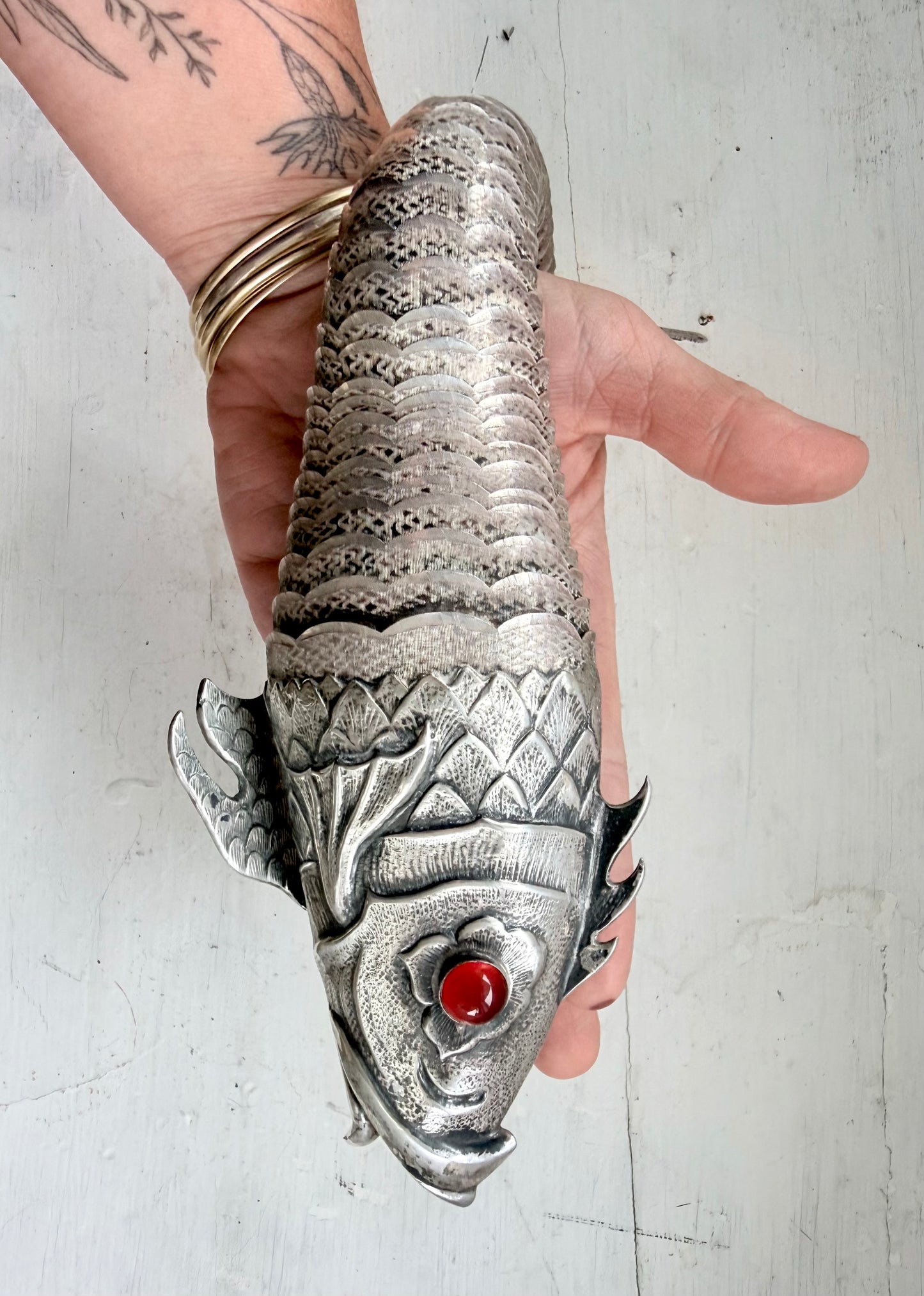 .1940s .915 articulated life sized hand made solid Spanish silver Large and magnificent artisan made Carb Fish rare treasured silver figural art statue