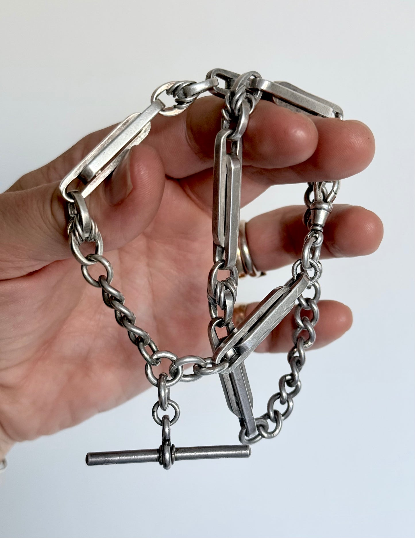 .1897 .1909 .925 antique solid chunky Albert fob chain fancy link Lovers Knot double Paper clip link Trumpet link hallmark Victorian Edwardian watch chain fob chain collectors necklace