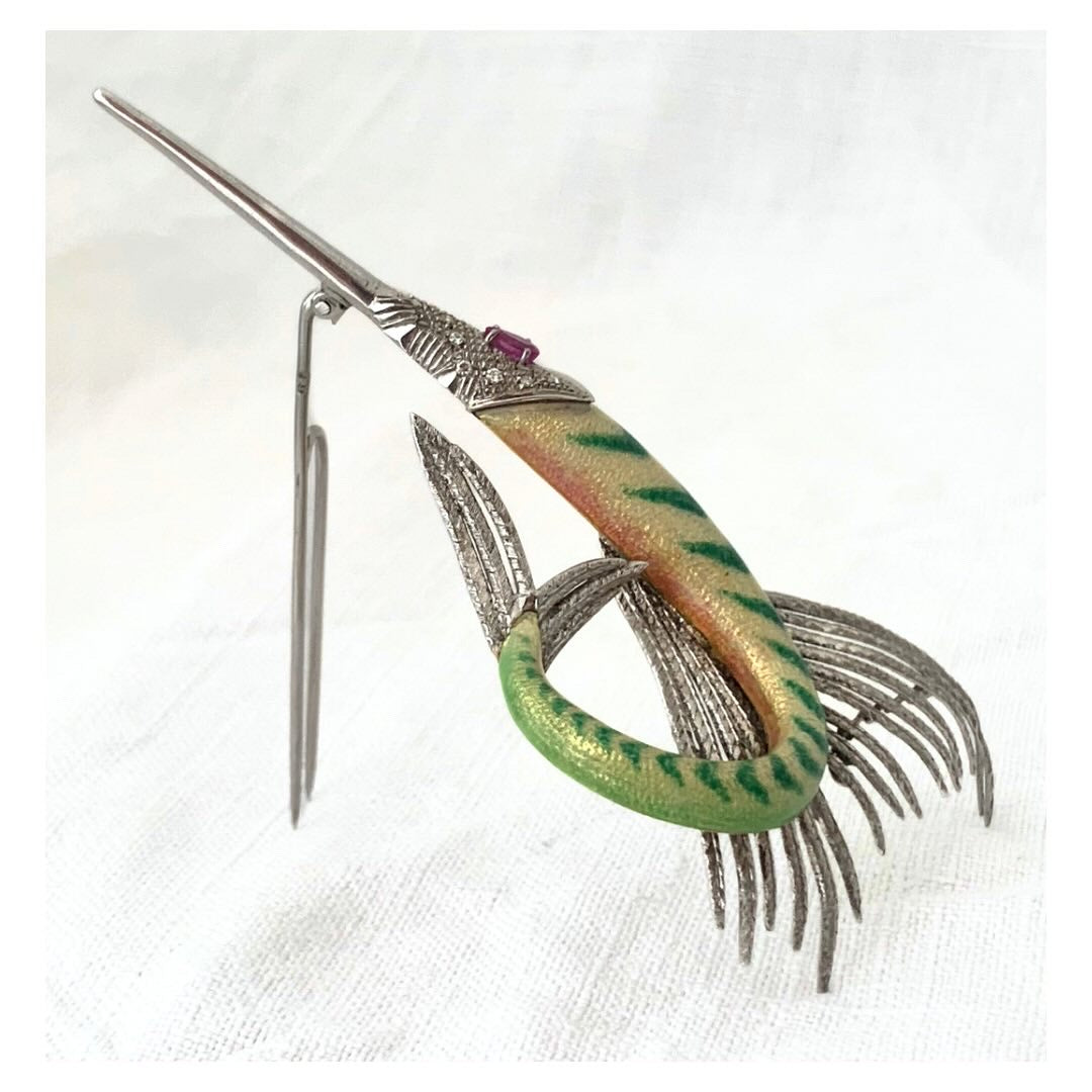 .1940s .18ct .750 high carat Swordfish Diamond, fine Enamel and Ruby Marlin Fish artisan made 750 18k gold dress brooch