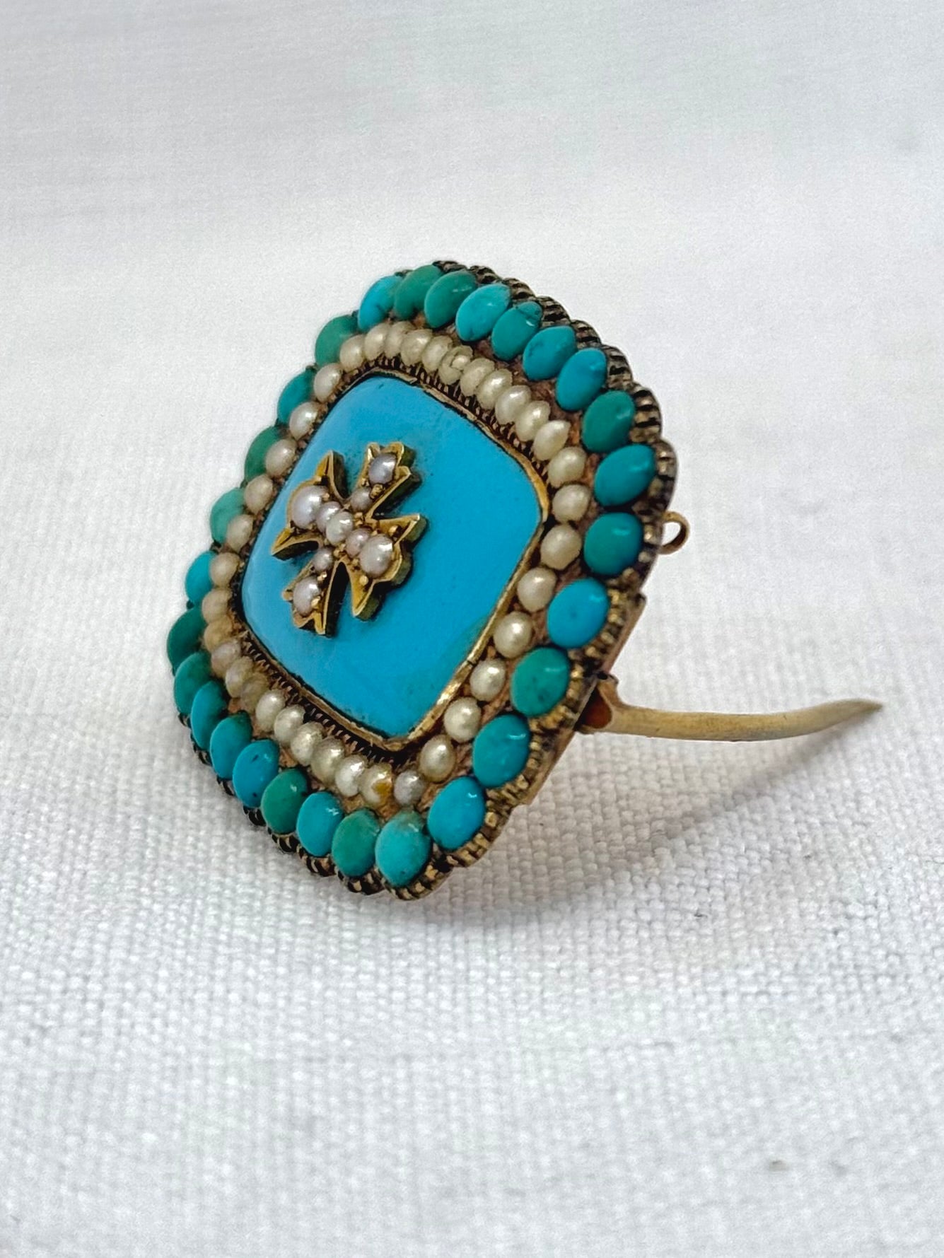 .15ct .1800s antique late Georgian early Victorian rare and magnificent Turquoise Pearl enamel high carat gold Maltese cross brooch pin