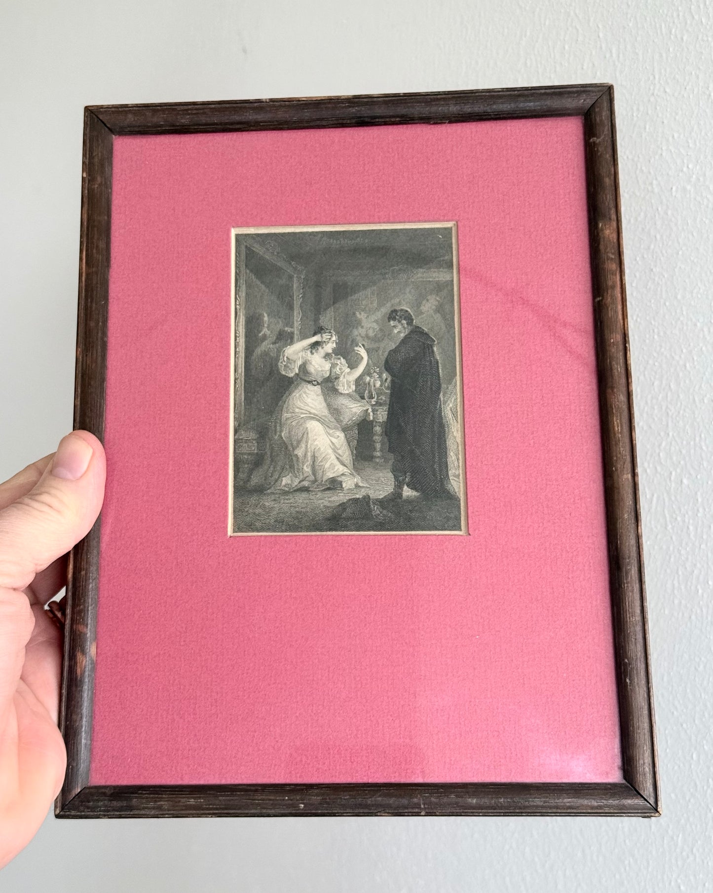 .1800s .1850s antique bookplate steel engraving framed Romantic Gothic literature scene depiction