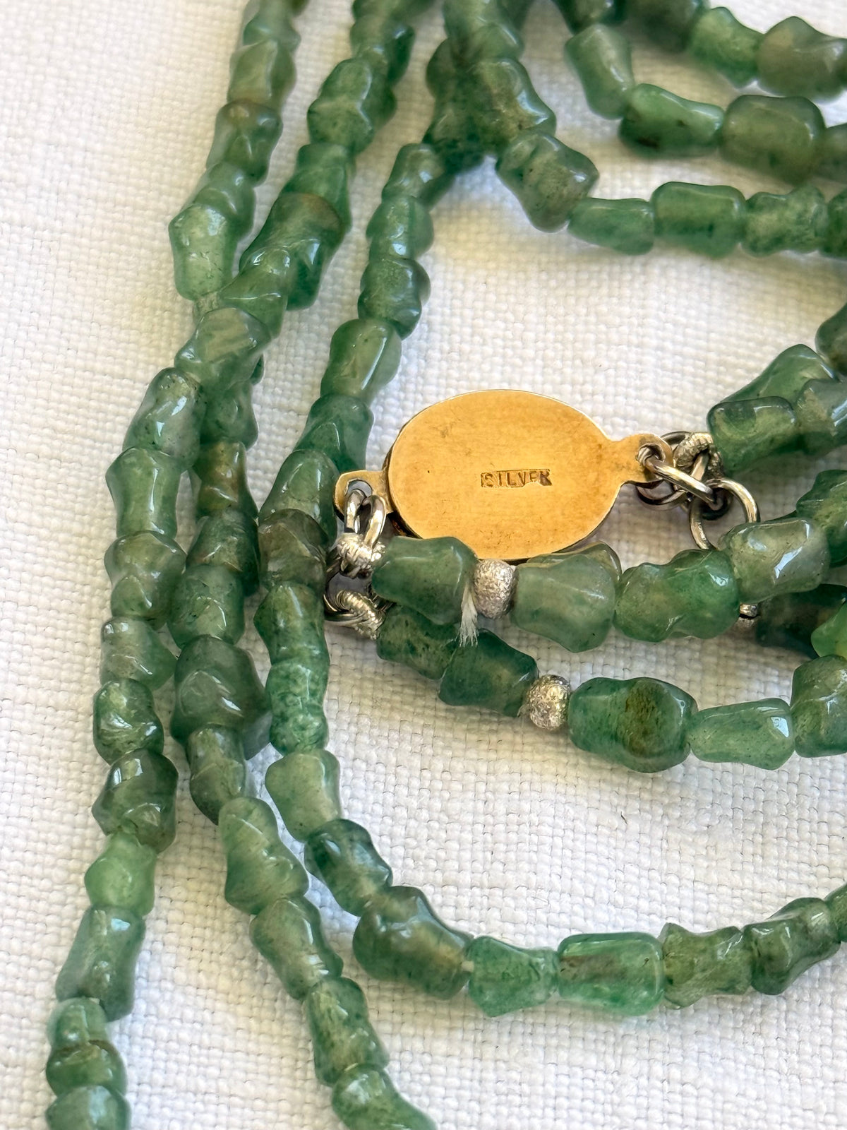 .1920s .1930s .1940s Chinese Aventurine “old Jade” Multi strand hand carved silver bamboo link export silver box clasp collectors necklace