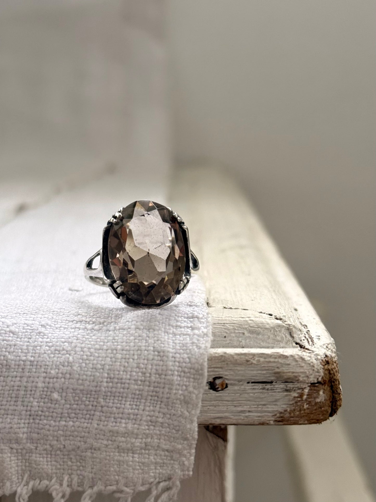 .1960s .925 magnificent large Smoky Quartz gemstone Mid Century Modern grey brown moody faceted gemstone retro Modernist sterling silver cocktail ring