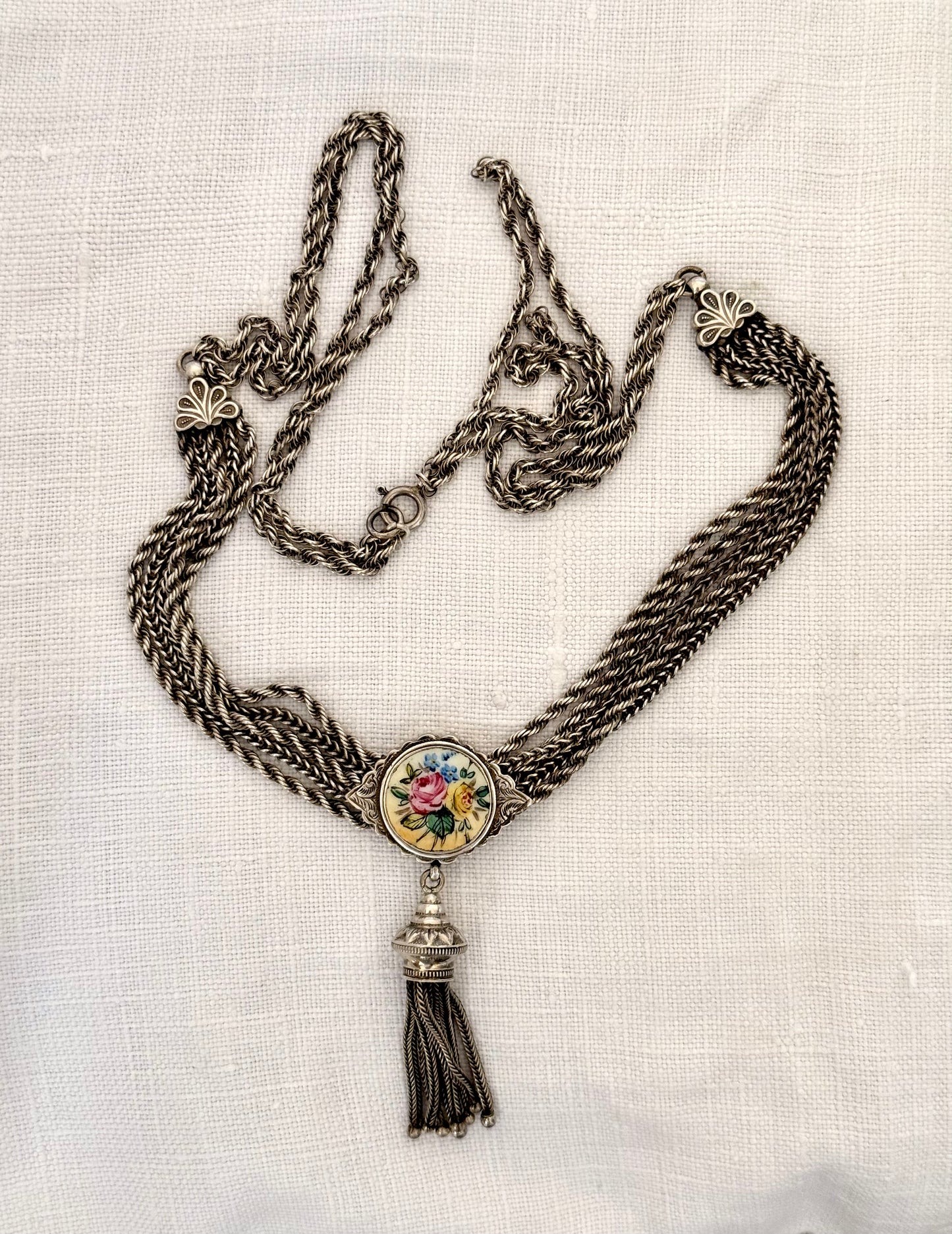 .1860s .1890s .925 antique Belle Epoque rare and fancy enamel slider Albertina multi chain necklace