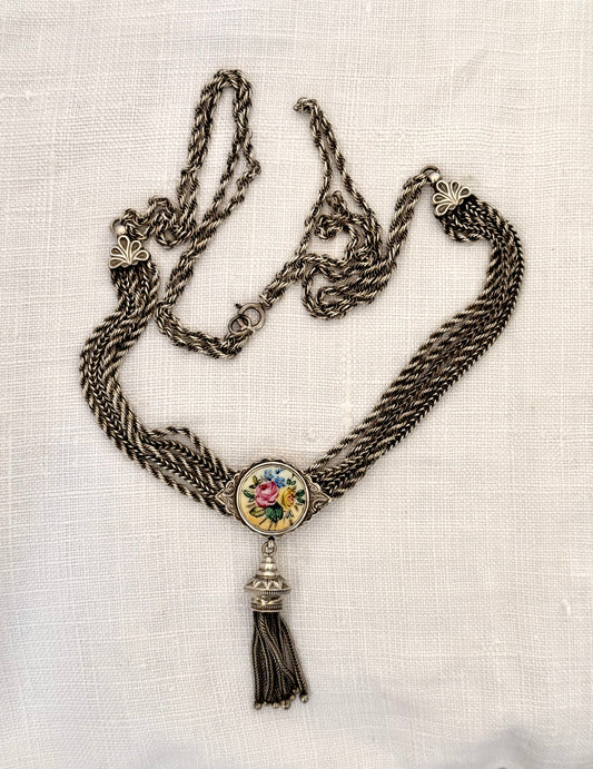 .1860s .1890s .925 antique Belle Epoque rare and fancy enamel slider Albertina multi chain necklace