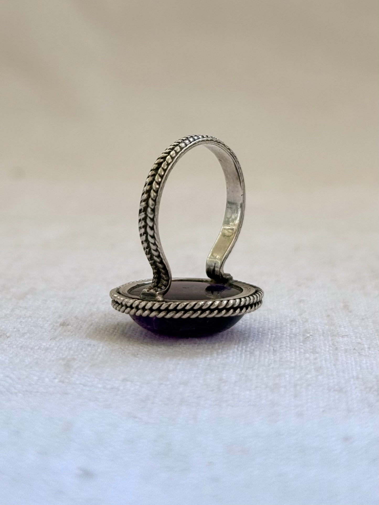 .925 Amethyst cabochon artisan made February birthstone hand crafted large traditional silver craftsman sterling silver statement ring