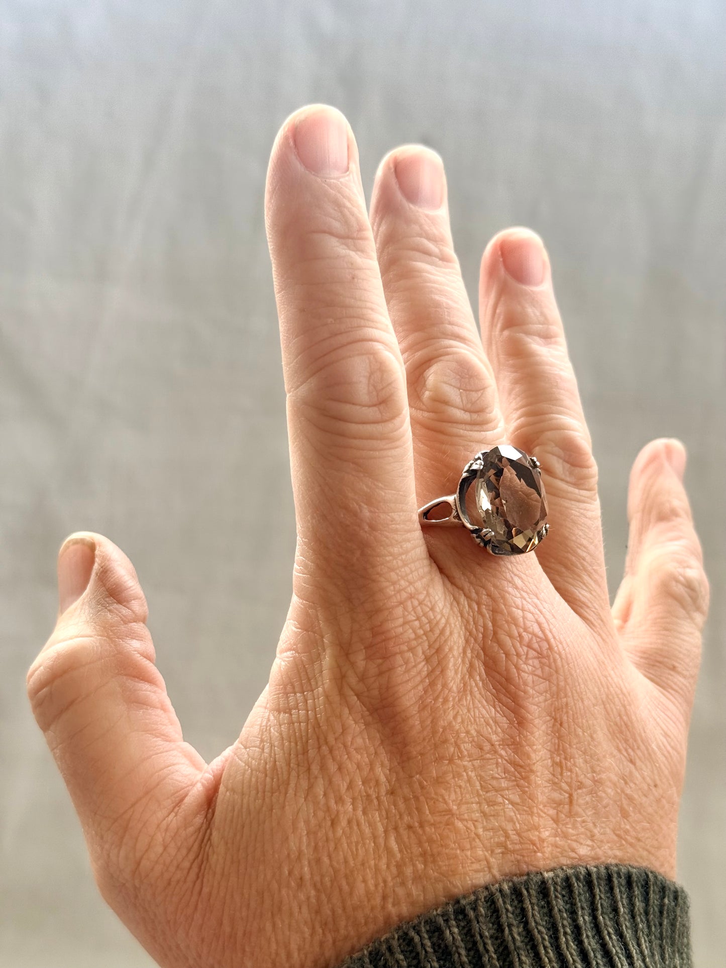 .1960s .925 magnificent large Smoky Quartz gemstone Mid Century Modern grey brown moody faceted gemstone retro Modernist sterling silver cocktail ring