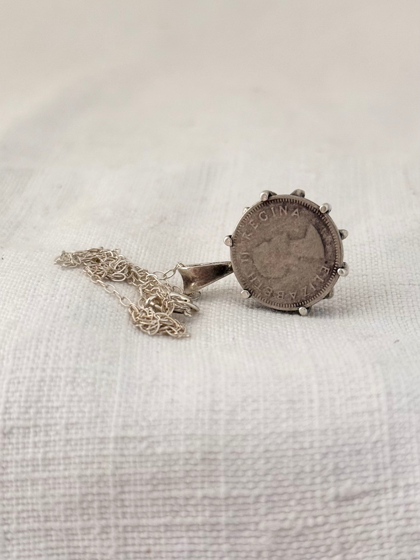 .1954 .3 pence .500 silver Queen Elizabeth II South African coin pendant set in .925 silver on silver chain necklace