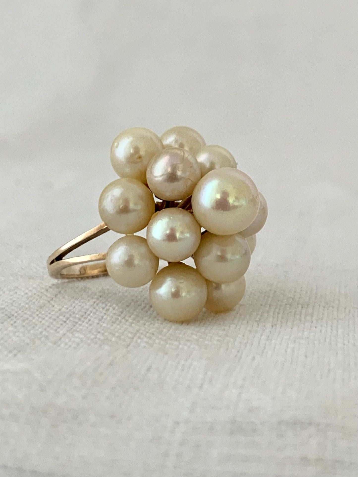 .14 pearls .1950s .1960s 9ct gold pearl floral stack magnificent and glorious modernist cocktail gold dress ring