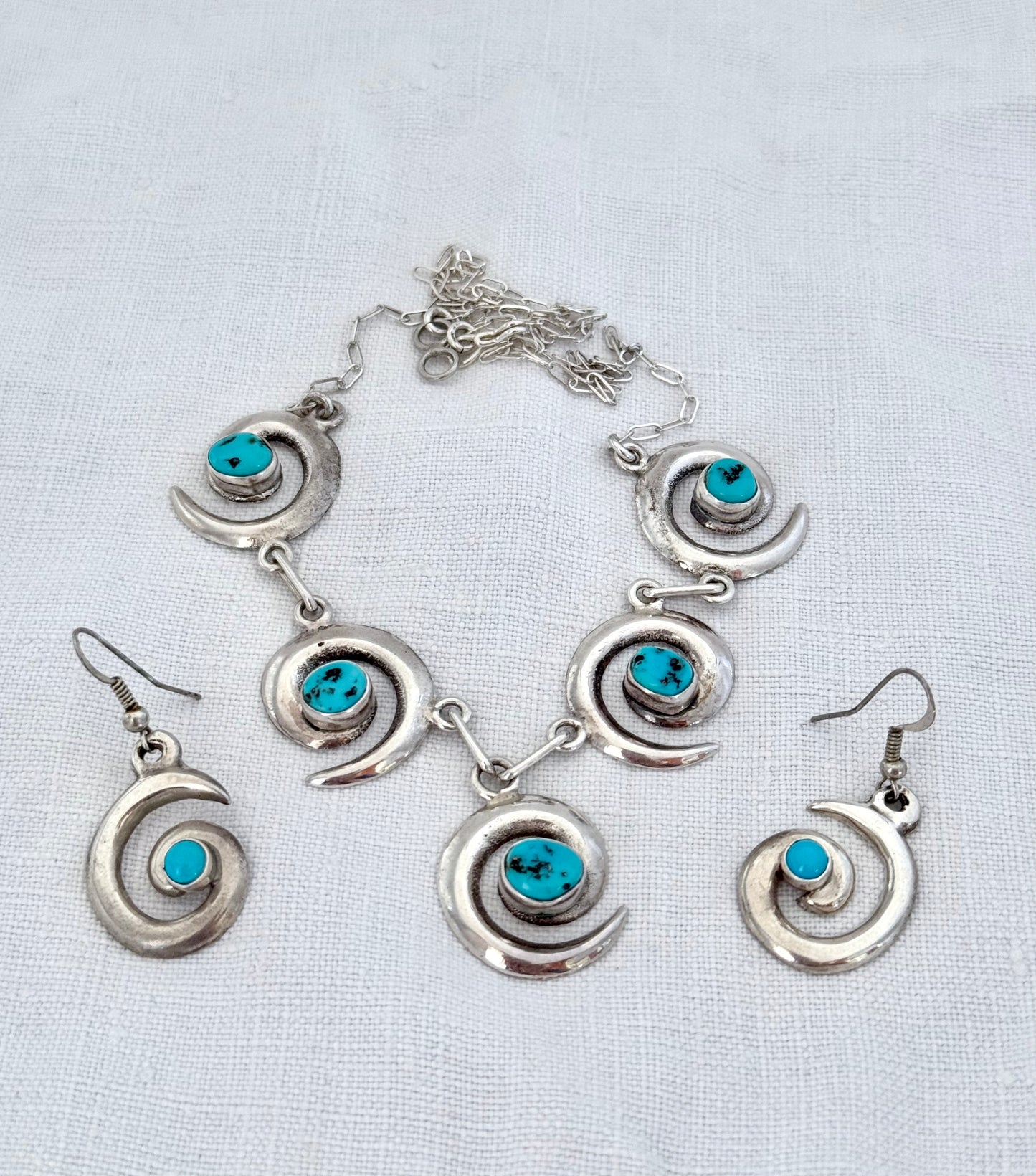 .1970s .925 artisan made Navajo silversmith turquoise silver swirl pattern necklace and designer Mildred Parkhurst earring set
