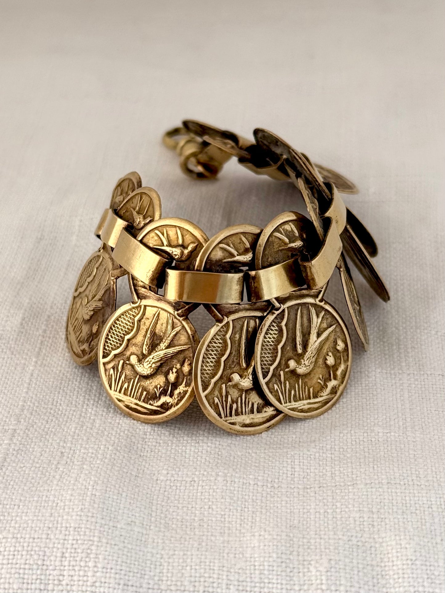 .1880s antique aesthetic movement book link Victorian Gold tone brass Swallow and Swift Sweetheart panel bracelet