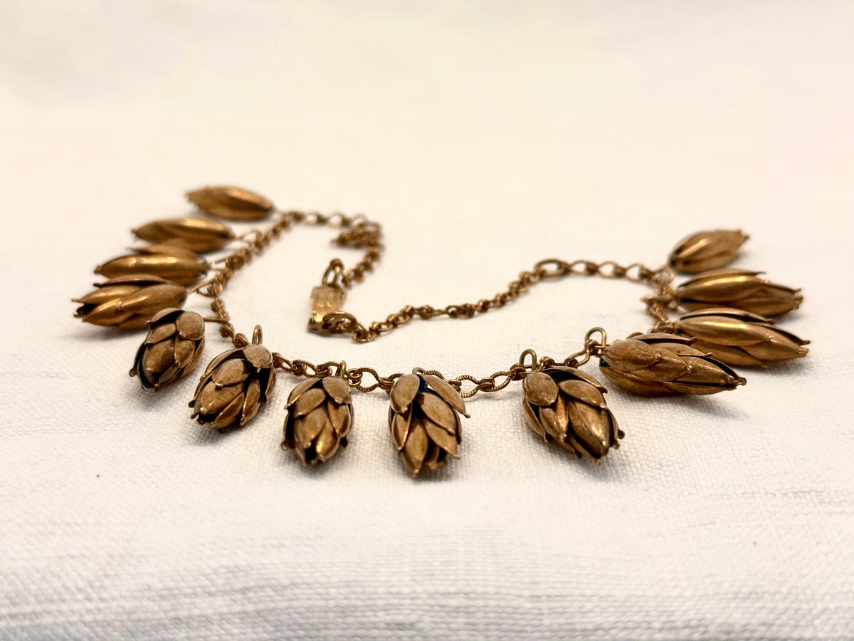 .1940s arts and crafts bronze flower pod seed pod fancy link dangle chocker chain Scandinavian necklace