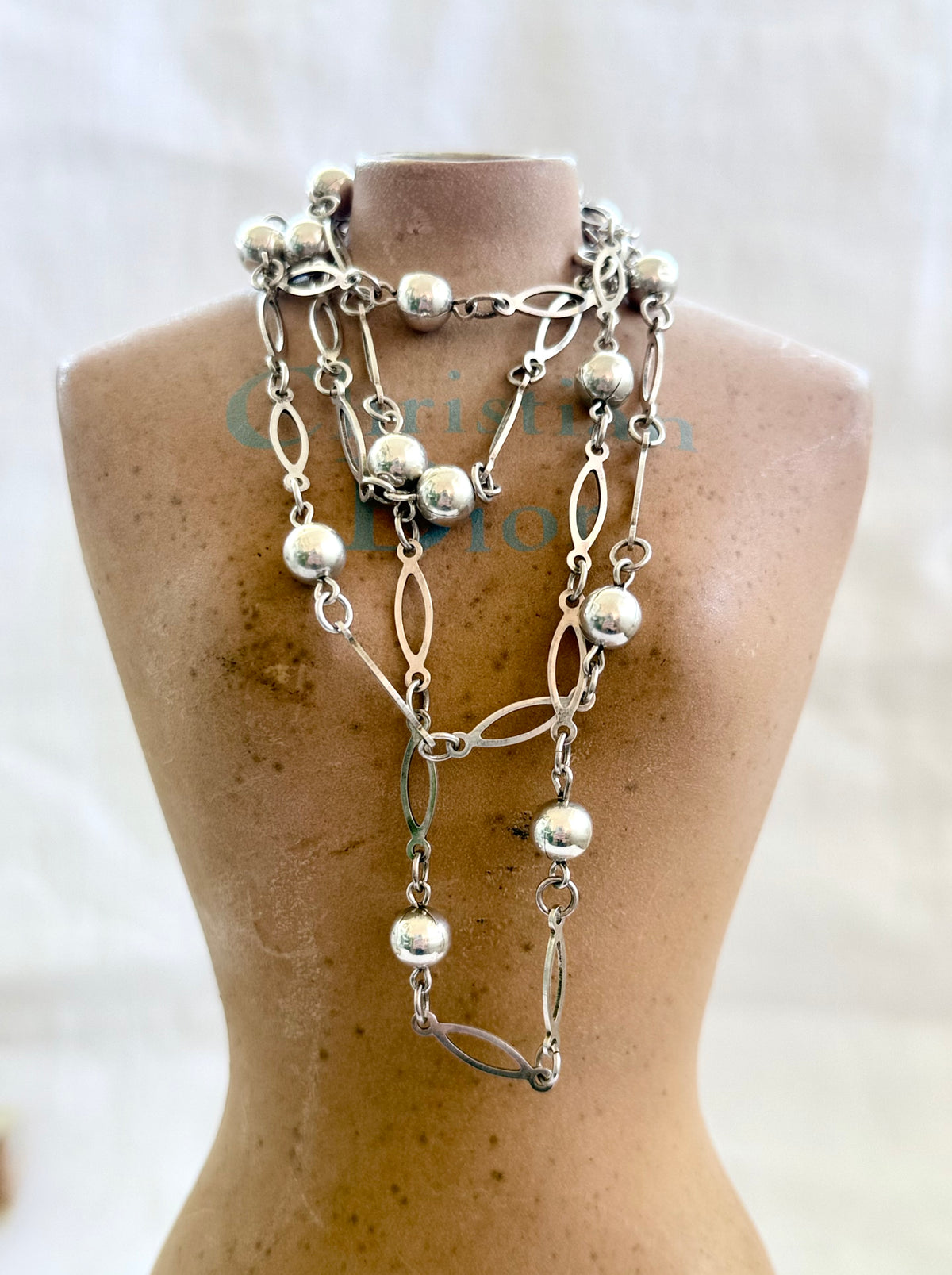 .1960s .1970s .89cm long .925 vintage fancy ball and navette oval form long silver fancy link chain necklace